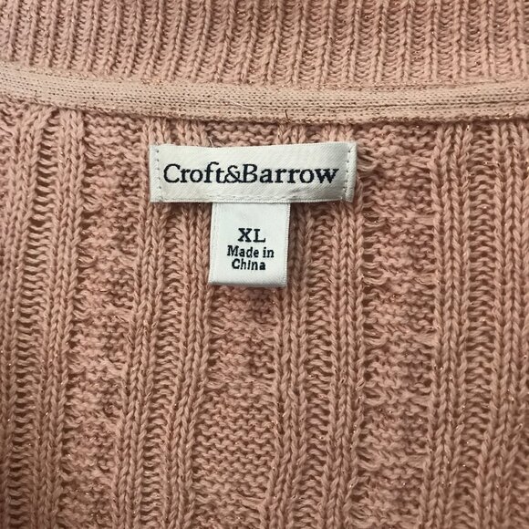 Croft & Barrow Cotton Pink w/ Gold metallic thread V-neck Cable knit Sweater XL - Picture 2 of 5